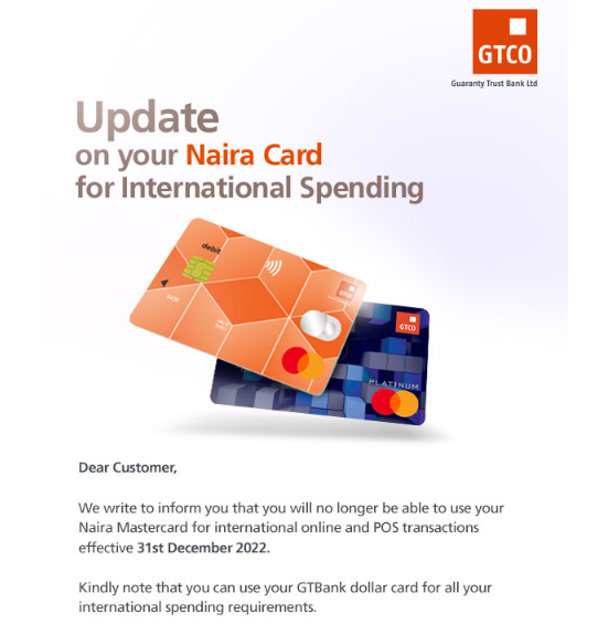Notice and Update from GTbank to its customers on use of Naira Card for International Spending