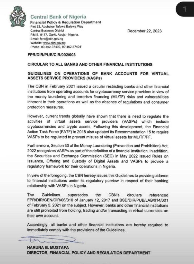 guidelines on operations of bank accounts for virtual assets service providers VASPs cryptocurrency transactions in Nigeria
